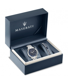 Montre aiguilles chrono Successo et bracelet Maserati argent bleu 44 mm